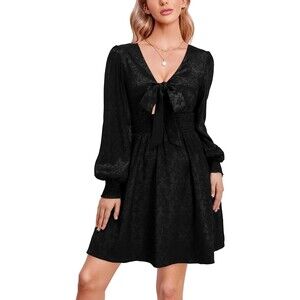 Newshows Satin Knot Front Long Sleeve Elastic Waist Swing Dress Sz L